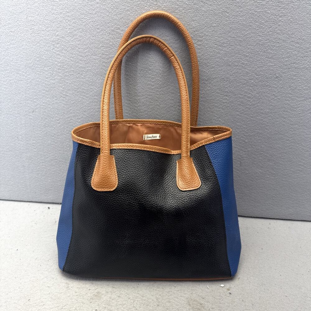 Neiman Marcus Faux Pebbled Leather Tote Bag Black & Blue - 14" x 11" x 7" - Rare